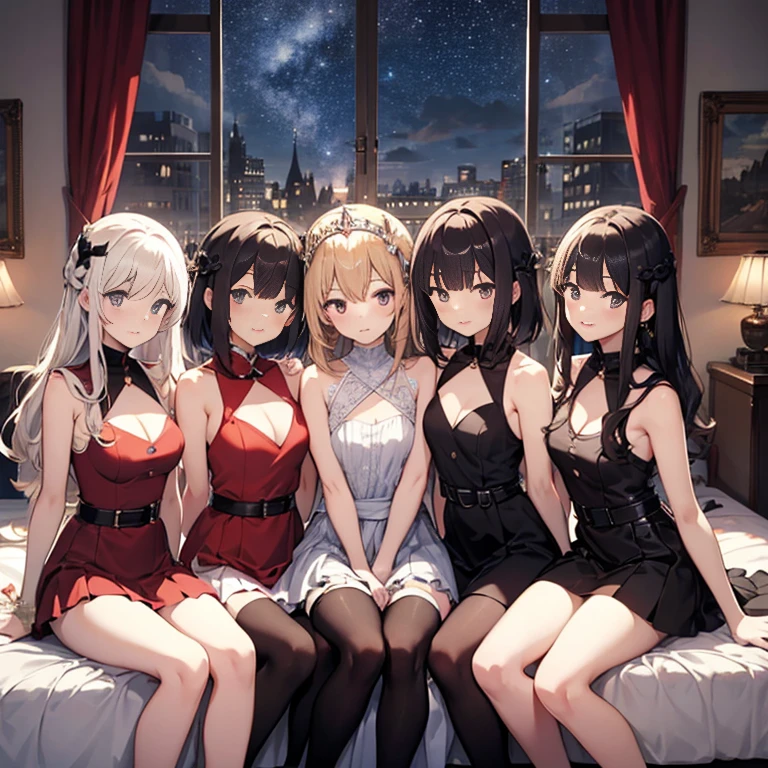 A group of young princesses, (in bedroom), various hair styles, harem, wearing royal dress, night, details face, , short skirt, seducing, sleeveless , showing armpits, night, starry night