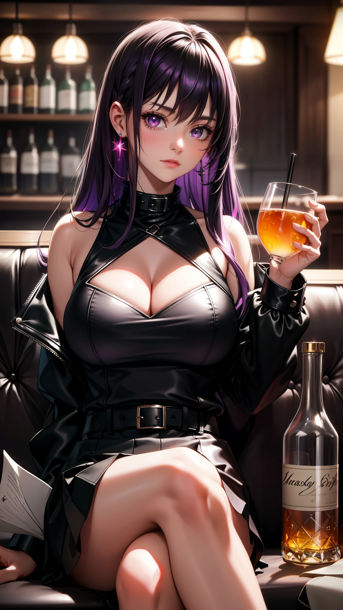 (best quality:1.1), (Masterpiece:1.2), High quality shadow, beautiful details, Beautiful face, Detailed eyes, depth of field, high resolution, best shadow, best light, 1 girl, see the audience, shiny purple hair, smooth, blunt, long hair, ruby pink eyes, shy, Very big breasts, pump, Single strap shirt, black leather jacket, black leather skirt, table, glass, liquor bottle, night time, rift, Lonely eyes, pub bar background, sexy woman, cold, pov, Cool Woman ,ear jewelry, cross-legged sitting, sofa