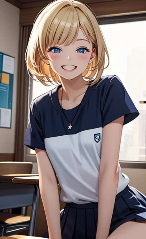 (realistic：1.4、​masterpiece、top-quality、8k size wallpaper、offcial art)、(portrait,upper body:1.6)、(1girl),(grin,Open mouth:1.3),(half closed eyes),cute face,blue eyes、(stretch out your index finger:1.4)、
,(stand),(Shining smile),(round face:1.3),
,(slender),(school uniform),(long fluorescence blonde hair1.3), (small breasts)、
、fluorescence、classroom,JK、