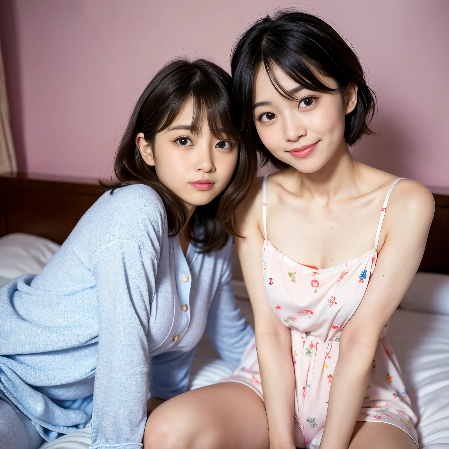 Best-quality, Masterpiece, Ultra-High-Resolution, (Photorealistic:1.4), Raw-Photo, on bed, lesbian-couple of 1-girl and 1-woman, both extremely beautiful skins, (1-girl, -yeld, Thost famous Japanese idol, extremely beautiful short-cut-haired, extremely cute and extremely childish face, extremely cute big-eyes, wearing only pajamas with cute-design), (1-woman, 35-years-old, The most famous Japanese actress, extremely beautiful long-hair, extremely beautiful face, extremely beautiful big-eyes, wearing only pajama with stylish-design), twinkle-smile