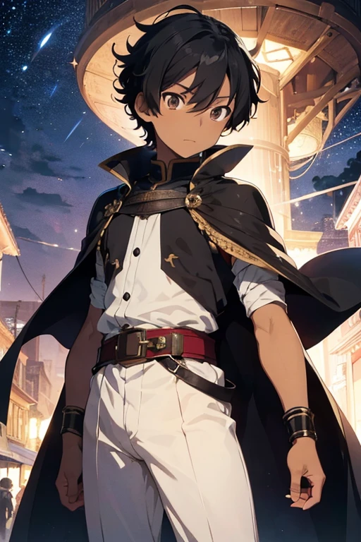 (boy1), (anime), (alone), young teenager aged 16, height 1.76, dark brown skin, short curly black hair, brown eyes, (wearing), +, an emperor's outfit consisting of a costume with a shiny black cape, and a white 14th century outfit