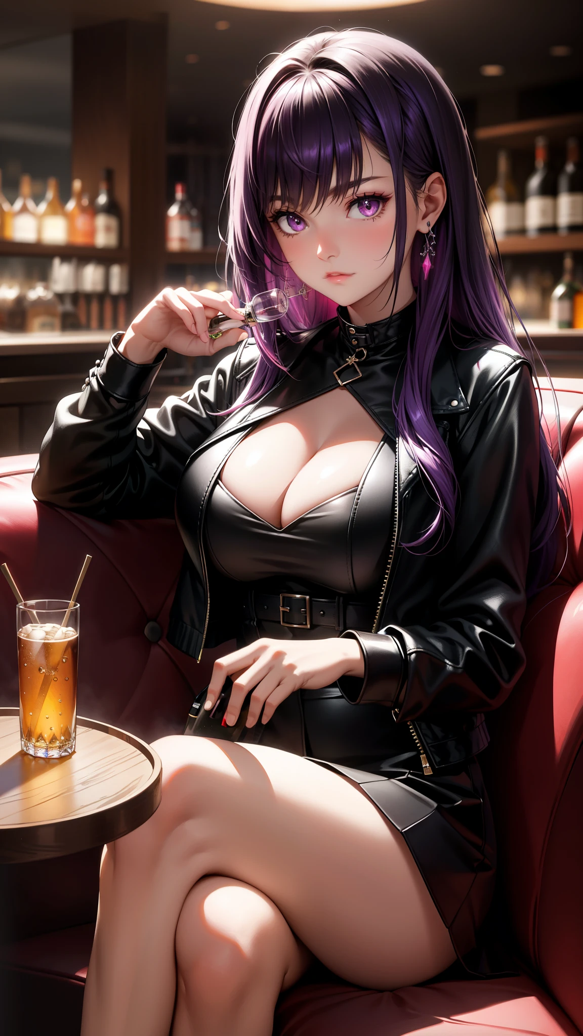 (best quality:1.1), (Masterpiece:1.2), High quality shadow, beautiful details, Beautiful face, Detailed eyes, depth of field, high resolution, best shadow, best light, 1 girl, see the audience, shiny purple hair, smooth, blunt, long hair, ruby pink eyes, shy, Very big breasts, pump, Single strap shirt, black leather jacket, black leather skirt, table, glass, liquor bottle, night time, rift, Lonely eyes, pub bar background, sexy woman, cold, pov, Cool Woman ,ear jewelry, cross-legged sitting, sofa