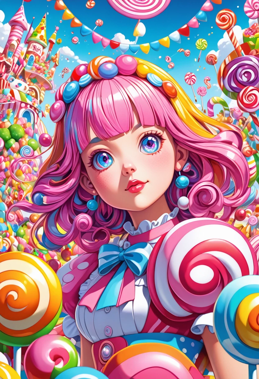 1girl, Candyland, aesthetic, vibrant colors Candyland wonderland gouache swirls detailed Candy art style! Whimsical playful colorful! candy!!! 🍬🍭 Candyland art!! “Hyperrealistic hyperdetailed highly detailed, digital illustration” postmodernism, artstation, poster art, dynamic lighting, cel-shaded, ray tracing reflections