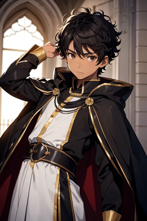 (boy1), (anime), (alone), young teenager aged 16, height 1.76, dark brown skin, short curly black hair, brown eyes, (wearing), +, an emperor's outfit consisting of a costume with a shiny black cape, and a white 14th century outfit
