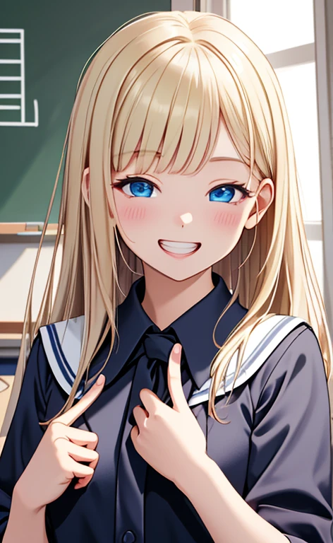 (realistic:1.4、masterpiece、top-quality、8k size wallpaper、offcial art)、(portrait,upper body:1.6)、(1girl),(grin,Open mouth:1.3),(half closed eyes),cute face,blue eyes、(stretch out your index finger:1.4)、
,(stand),(Shining smile),(round face:1.3),
,(slender),(school uniform),(long fluorescence blonde hair1.3), (small breasts)、
、fluorescence、classroom,JK、