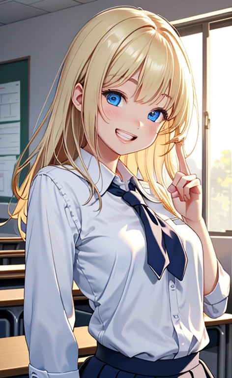 (realistic:1.4、masterpiece、top-quality、8k size wallpaper、offcial art)、(portrait,upper body:1.6)、(1girl),(grin,Open mouth:1.3),(half closed eyes),cute face,blue eyes、(stretch out your index finger:1.4)、
,(stand),(Shining smile),(round face:1.3),
,(slender),(school uniform),(long fluorescence blonde hair1.3), (small breasts)、
、fluorescence、classroom,JK、
