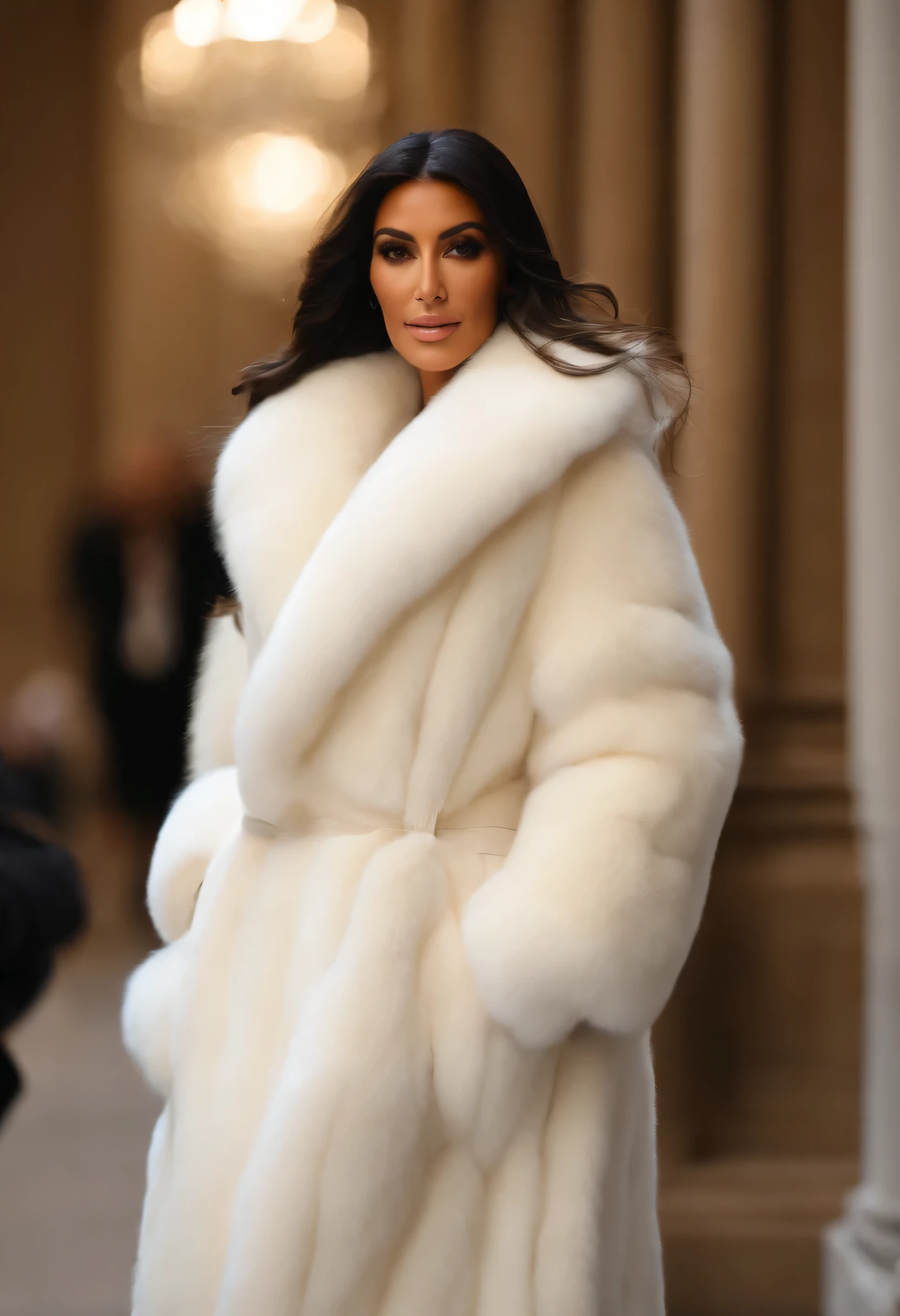 A very wide and very thick, manteau de fourrure extra long, en vison blanc, fifty centimeters thick, duveteux, naturel, with an ultra thick white mink fur collar, three layers, sur Kim Kardashian, fully nude profile view, she shows at Milan fashion week, bare shoulders, and two large breast discovered by the fur, 