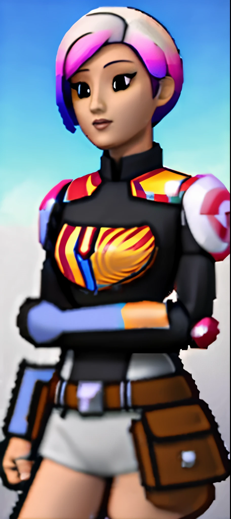SabineWren, realistic, (photorealistic), (multicolored hair), aqua hair, 1girl, masterpiece, best quality, dynamic lighting, highly detailed, 8k, breastplate, short hair simple background, full body,
black eyes, solid oval eyes, outline