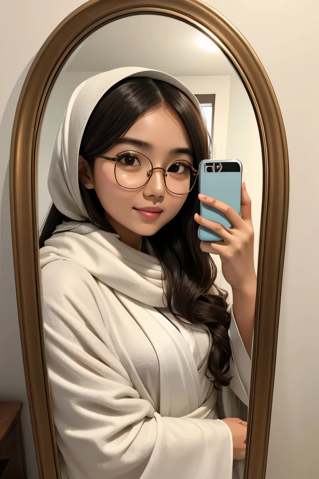 Detailed face of half body photo. 25 year old Indonesian girl with a sweet  face,  big  round face and long brown wavy hair, round glasses wearing a white pashmina hijab and a white modern robe with a pattern on the fabric, taking a selfie in a large mirror using an iPhone 15