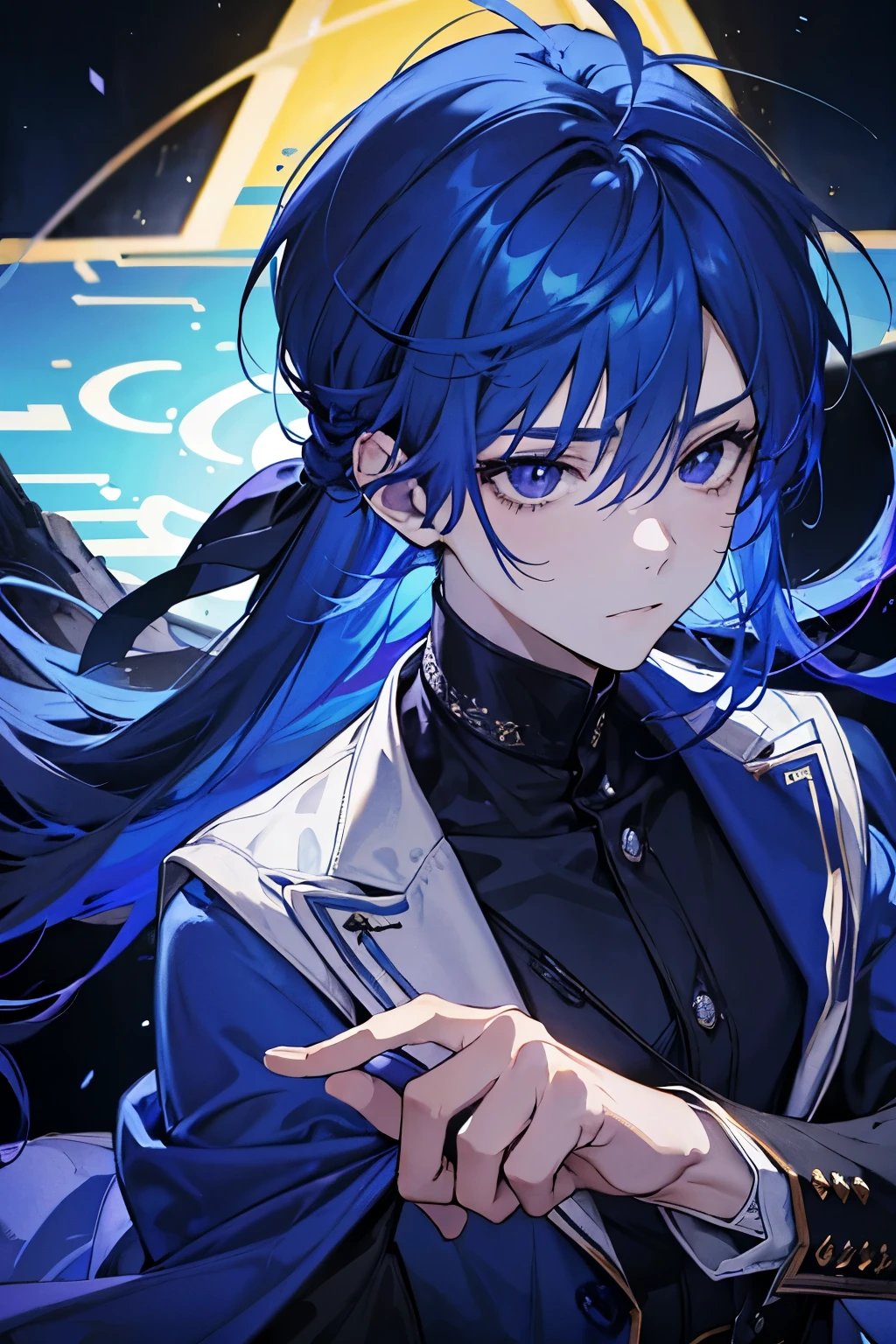young, 1 boy, hair: Blue with purple highlights, looks at the viewer, expression of absolute calm, sly, facial focus, Dutch angle, high definition 4k. eyes: blue.
