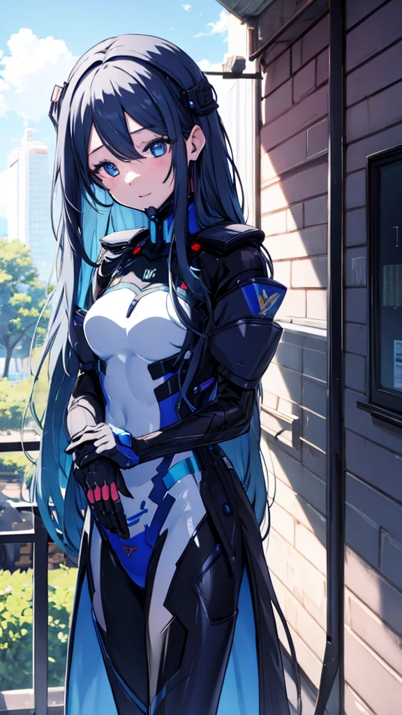 strengthened_suit, ((masterpiece,highest quality)), 1 girl, (chest,big_chest:0.6),looking at the viewer,anime,poker face,(glamorous),(beautiful detailed face,beautiful,fine eyes:0.1),concept art of a far-future city, Key Visual, Summer day, (very detailed), digital painting, art station, concept art, sharp focus, harmony with nature, streamlined, Xin Haichen、Akihiko Yoshida、Hidari and WLOP,dynamic pose, (main office,4k), Glowing blue eyes with frost energy, long hair, blue hair, dark_eye shadow, black eye shadow,