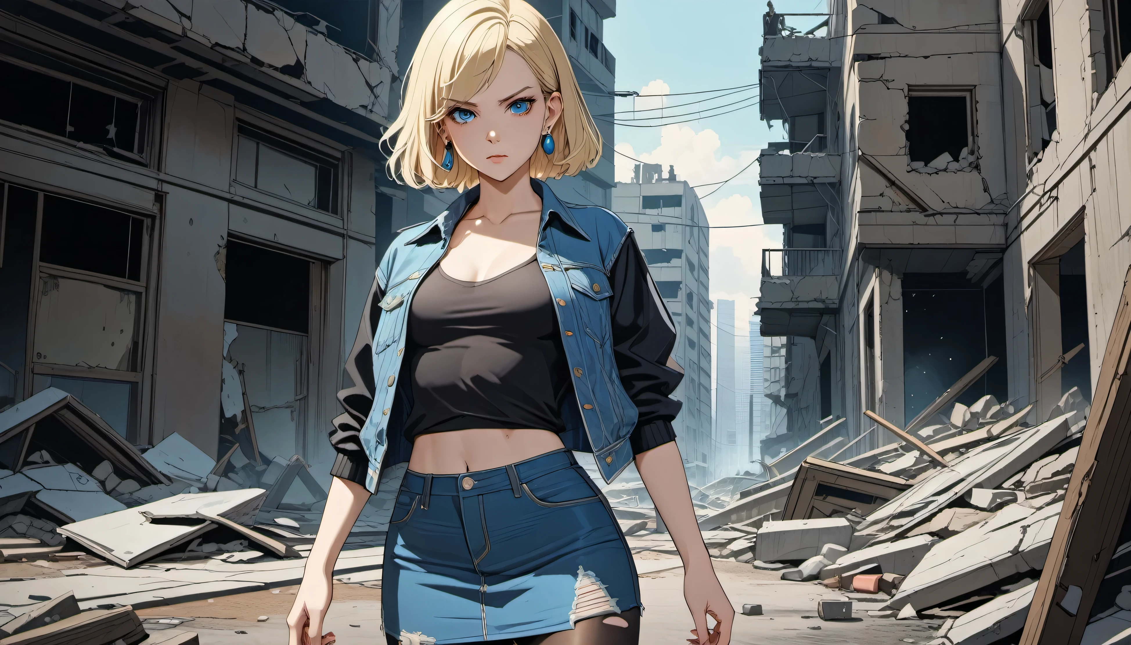 (Best quality), ((masterpiece)), (highly detailed), masterpiece,best quality,highres,1girl,solo,1980s \(style\),and18,android 18,blonde hair,blue eyes,short hair,earrings,jewelry,denim vest,open vest,black pantyhose,black shirt,denim skirt,striped long sleeves,blue skirt,medium breasts,torn clothes,ruins,angry, ,In the dark and gritty dystopian city Piltover, plagued by violence and divided into two opposing factions, a young prodigy named Jinx emerges. Having endured unimaginable loss and abandonment, she has embraced a life of chaos and destruction. Known for her inventive and explosive abilities,
