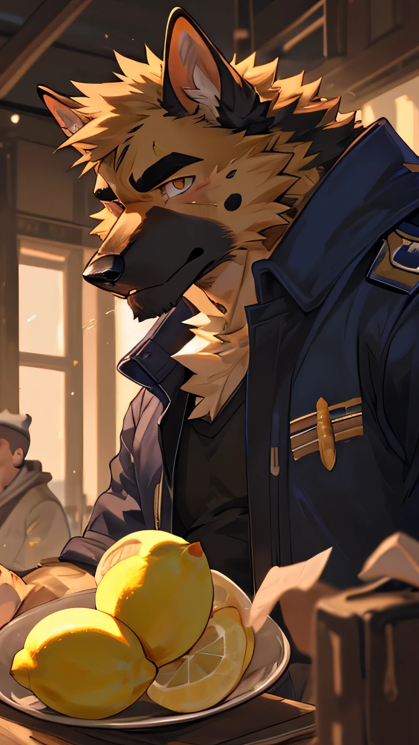 masterpiece,high quality,perfect anatomy,hairy,Human dogs,german shepherd,male, rainbow 5,lemon hanging on mouth,brown pupils,Bright Eyes,There are scars on the face,Detailed face,Via Qingshan,close face