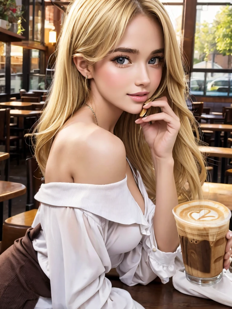 (best image quality, 8K,32k,masterpiece, UHD:1.2),Raw photo,(genuine:1.4),1 female,20 year old beauty,((Anna Nikonova:0.8),(emma watson:0.5)),(medium hair:1.3),shiny hair,(blonde:1.4),(very beautiful face, beautiful lips, beautiful eyes), beautiful breasts,Off-the-shoulder blouse,face with intricate details, side view,early morning light,(Cafe:1.5)