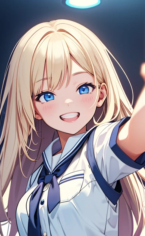 (realistic:1.4、masterpiece、top-quality、8k size wallpaper、offcial art)、(portrait,upper body:1.6)、(1girl),(grin,Open mouth:1.3),(half closed eyes),cute face,blue eyes、(stretch out your index finger:1.5)、
,(stand),(Shining smile),(round face:1.3),
,(slender),(school uniform),(long fluorescence blonde hair1.3), (small breasts)、
、fluorescence、classroom,JK、
