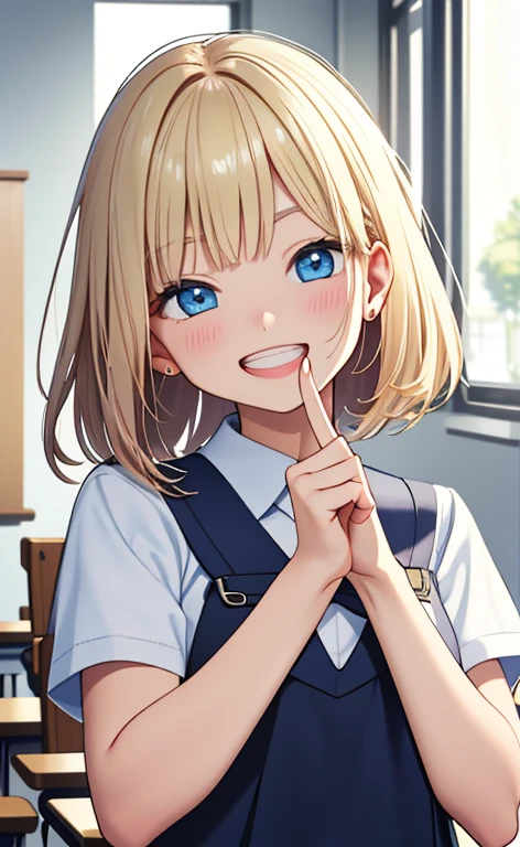 (realistic：1.4、​masterpiece、top-quality、8k size wallpaper、offcial art)、(portrait,upper body:1.6)、(1girl),(grin,Open mouth:1.3),(half closed eyes),cute face,blue eyes、(stretch out your index finger:1.5)、
,(stand),(Shining smile),(round face:1.3),
,(slender),(school uniform),(long fluorescence blonde hair1.3), (small breasts)、
、fluorescence、classroom,JK、