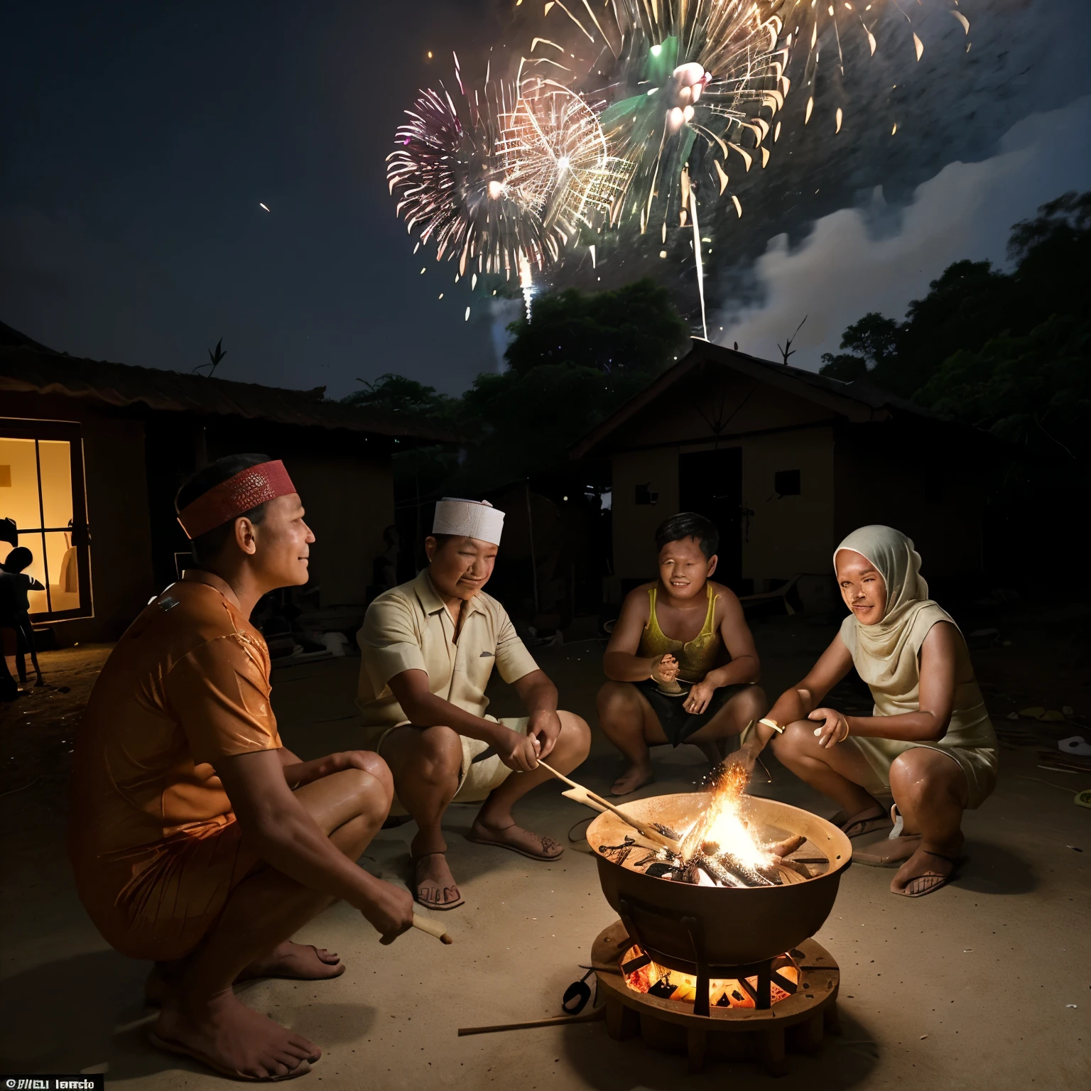 At village,A man was cooking lemang , a man was cooking dodol , some kids playing fireworks , a family have arrived at village , a house full with light eid.