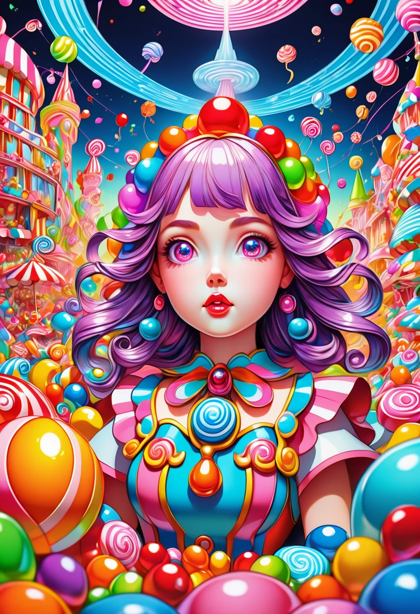 1girl, Candyland, aesthetic, vibrant colors Candyland wonderland gouache swirls detailed Candy art style! Whimsical playful colorful! candy!!! 🍬🍭 Candyland art!! “Hyperrealistic hyperdetailed highly detailed, digital illustration” postmodernism, artstation, poster art, dynamic lighting, cel-shaded, ray tracing reflections