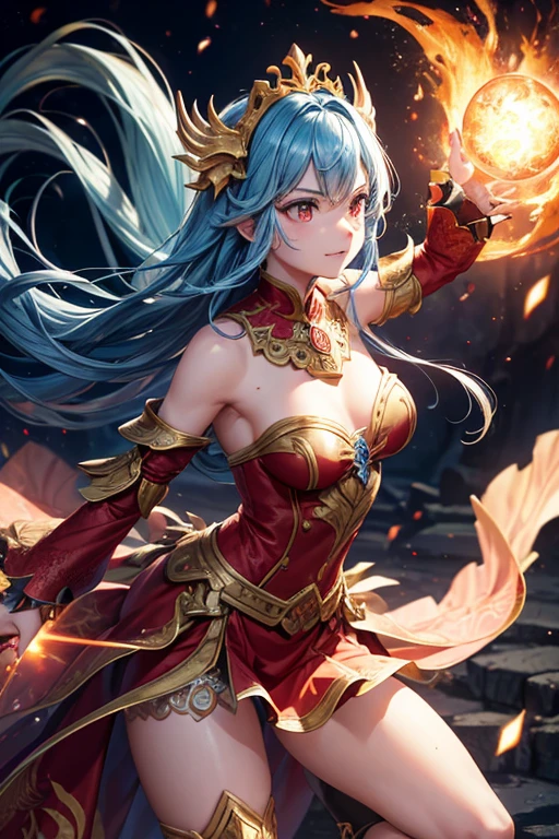 (the detail:1.4), 3D combination with dragons, Human dragon tail, A girl in dragon scale armor, The dragon pattern on the armor is golden, (Fiery red clothes), Off-the-shoulder fashion, Dynamic movement of sword dance in a human-centered circular circle, Showing meticulous、A fusion of fine punk steam and baroque lolita, The gesture of waving a large sword with both hands, Sword Qi spins, Countless meteorites fell from the sky, Intricate dragon pattern headdress, Fluttering lace flared miniskirt, Full breasts, On the chest is a dragon crystal that shines blue light, Clean long blue hair, long vertical curly, Burning ruins background, cinmatic lighting, devil pupils, His face showed inexplicable excitement。, Determination, The upper arm is tied with a ribbon, This big fireball is flying all over the sky, Rococo style, Depth of field, Depth of field, Ray tracing, Motion blur, surrealism, art-deco, hdr(HighDynamicRange), Textured skin, hyper HD, Masterpiece, High details, High quality, Best quality, A high resolution, 16k