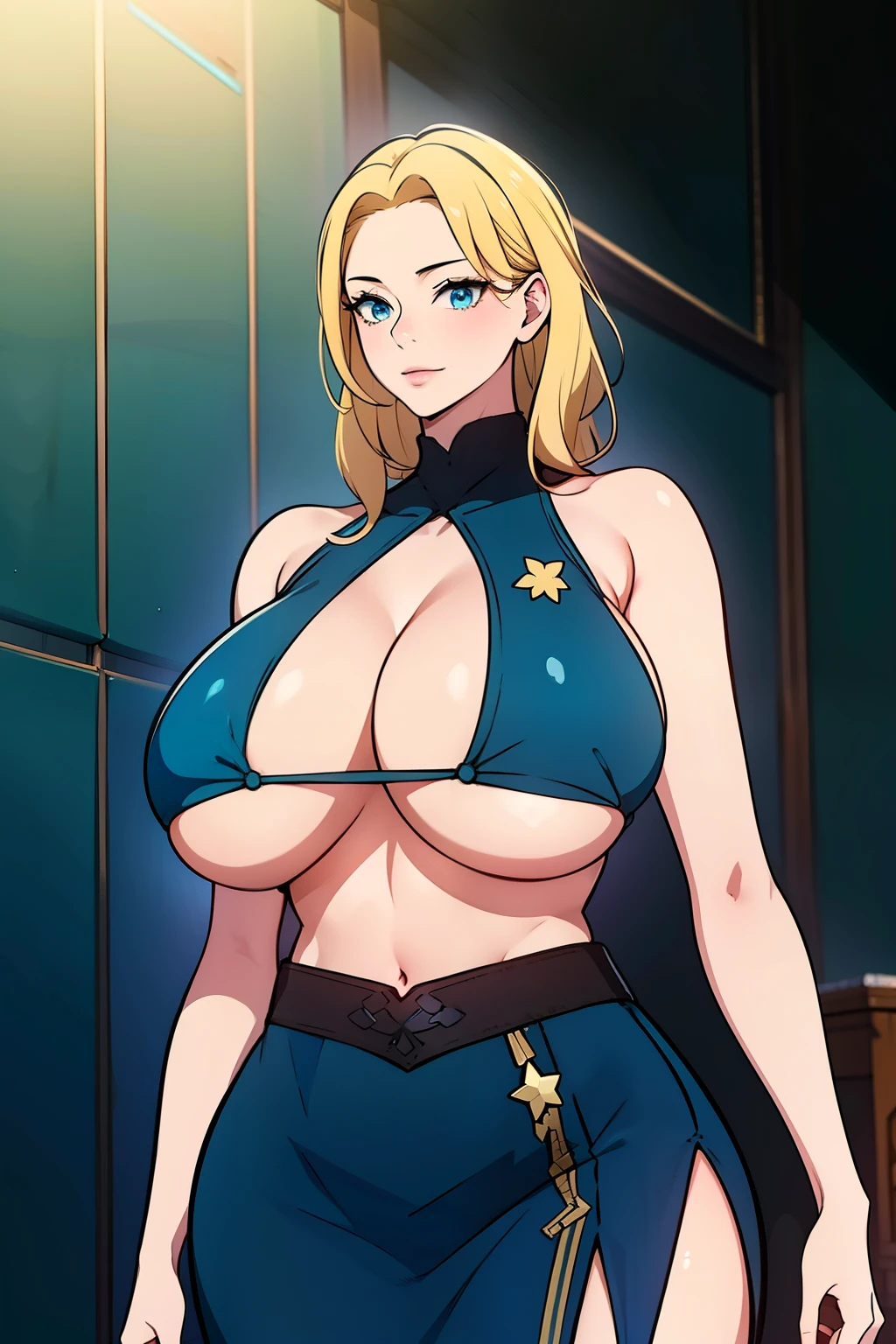 An anime-style artwork depicting ruan mei from the game Honkai star rail.

Tags: ruan mei, anime, detailed eyes, detailed lips, crop top, turtleneck, pencil skirt, smiling expression, intense gaze, glowing emblem on hand, dynamic pose, mystical background, vibrant colors, digital art, high-resolution, professional quality, gigantic breasts, (underboob : 1.4), curvy, cowboy shot, (gigantic breasts: 1.4), (blue eyes: 1.4), (blonde hair: 1.4)