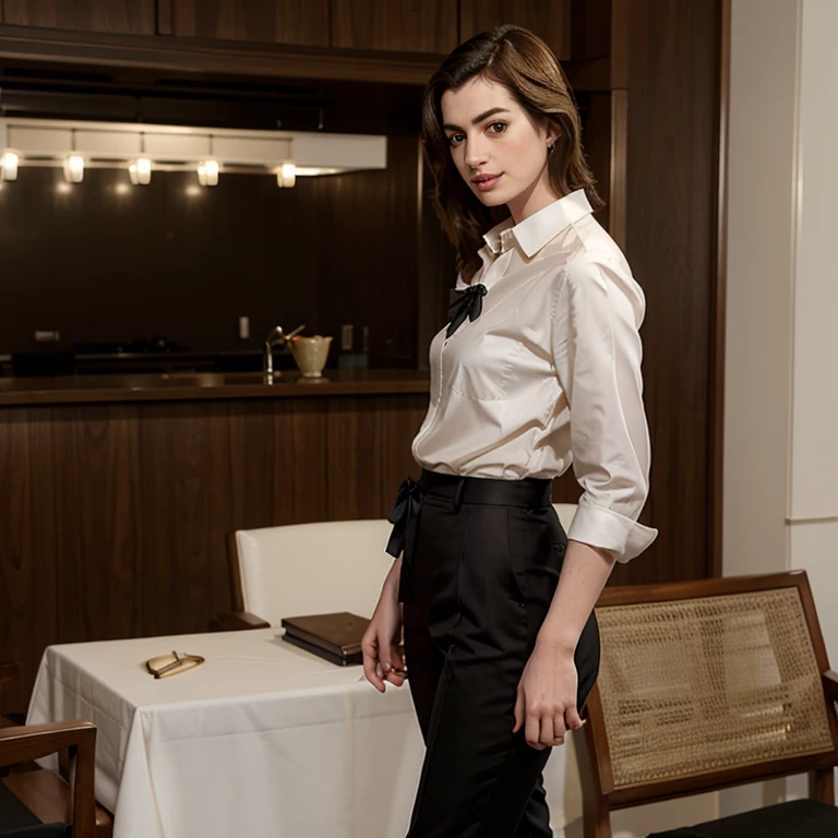 Anne Hathaway dressed in dress shirt and bow with pants