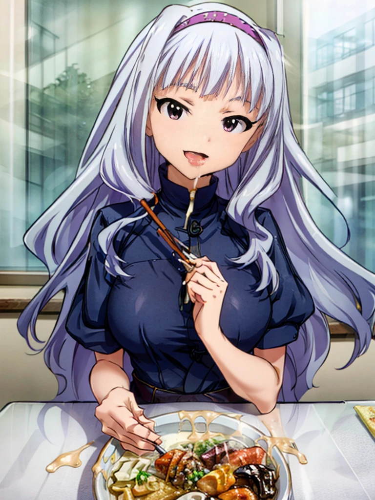 girl, solo, breasts, smile, open_mouth, bangs, large_breasts, silver_hair, holding, purple_eyes, nipples, upper_body, nude, (food, Rahmen,cup, table, plate, bowl, chopsticks, pov_across_table, Chinese restaurant), BREAK 2D, 8k, highres, masterpiece, super fine illustration, photo background, insanely detailed, perfect fingers, nice hands, perfect hands,((cum on body:1.9, cum on hair:1.9. cum on face:1.9, cum on mouths:1.3,cum on table 1.9)),multiple boys, peeing on a girl, facial, cum on mouth, cum on body, multiple penises, gangbang,holding penis))),ecstasy torogao, saliva trail, nose blush,smile,eat cum,open mouths,