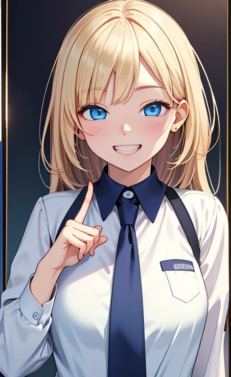(realistic：1.4、​masterpiece、top-quality、8k size wallpaper、offcial art)、(portrait,upper body:1.6)、(1girl),(grin,Open mouth:1.3),(half closed eyes),cute face,blue eyes、(stretch out your index finger:1.5)、
,(stand),(Shining smile),(round face:1.3),
,(slender),(school uniform),(long fluorescence blonde hair1.3), (small breasts)、
、fluorescence、classroom,JK、