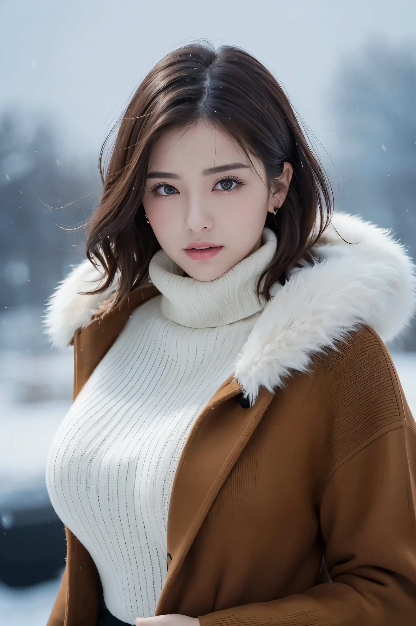 (table top、highest quality、8K、Award-winning work、ultra high resolution)、one beautiful woman、(Wear a thick, large fur coat and a turtleneck knit elegantly:1.3)、that&#39;s right、brown hair、(short hair:1.1)、epic movie lighting、(Romantic affection:1.1)、(The most romantic and moody atmosphere:1.1)、winter、snow scene、It&#39;s snowing、(Walking in the snow in Norway:1.1)、look at me、(very big breasts:1.2)、(Most of them emphasize the body line.:1.1)、blurred background、accurate anatomy、Ultra HD Hair、ultra high resolutionの完璧な美しい歯、Ultra high definition beauty face、Ultra HD Hair、Ultra-high definition sparkling eyes、輝くultra high resolutionの美肌、ultra high resolutionの艶やかな唇、(close up of face:1.1)