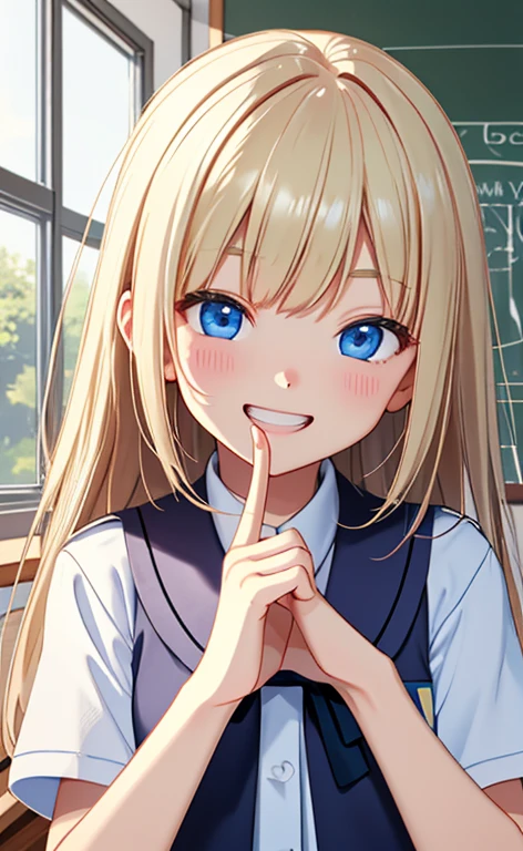 (realistic：1.4、​masterpiece、top-quality、8k size wallpaper、offcial art)、(portrait,upper body:1.6)、(1girl),(grin,Open mouth:1.3),(half closed eyes),cute face,blue eyes、(stretch out your index finger:1.5)、
,(stand),(Shining smile),(round face:1.3),
,(slender),(school uniform),(long fluorescence blonde hair1.3), (small breasts)、
、fluorescence、classroom,JK、
