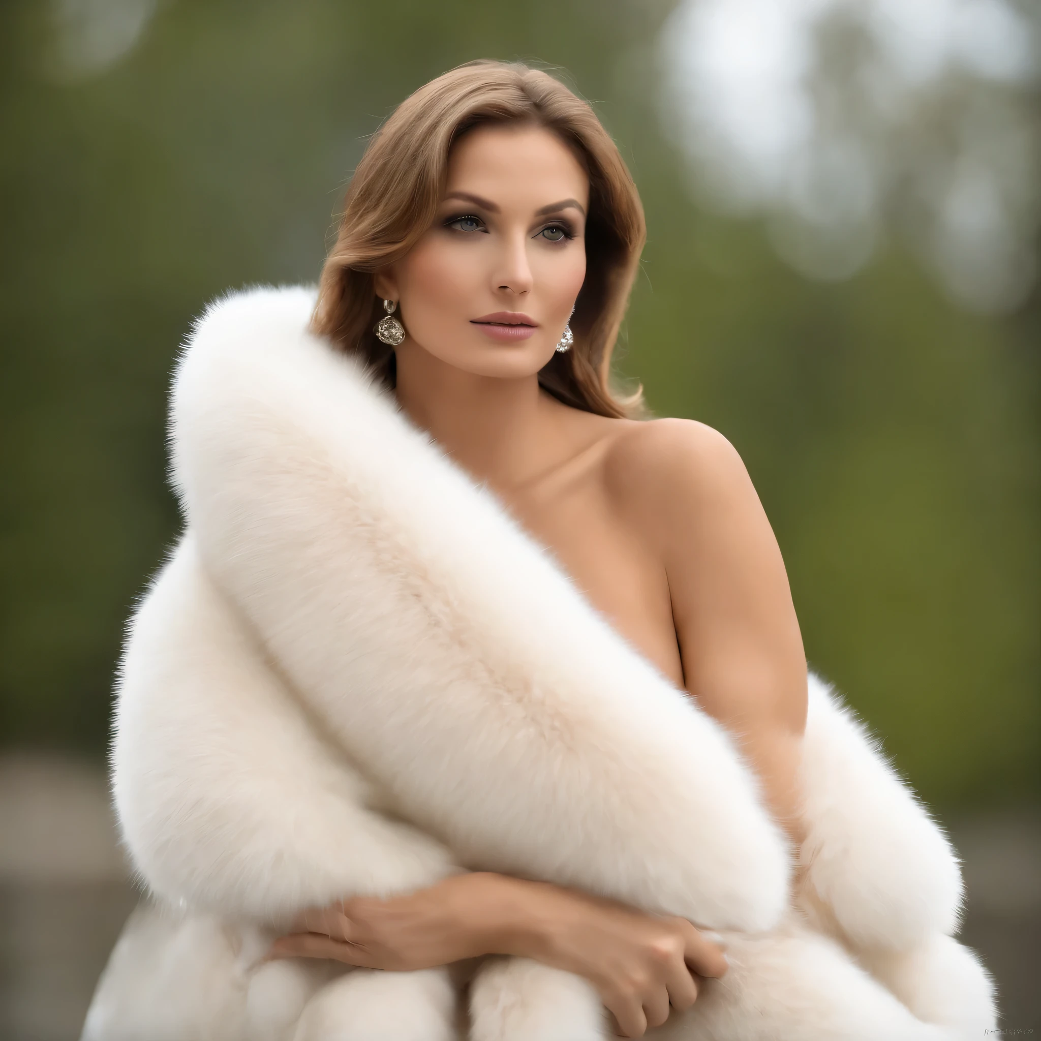 A very wide and very thick, manteau de fourrure extra long, en vison blanc, fifty centimeters thick, duveteux, naturel, with an ultra thick white mink fur collar, three layers, sur une jeune Franco vietnamienne , , fully nude , with two very large breasts visible, she shows at Milan fashion week, bare shoulders, and two large breast discovered by the fur,
