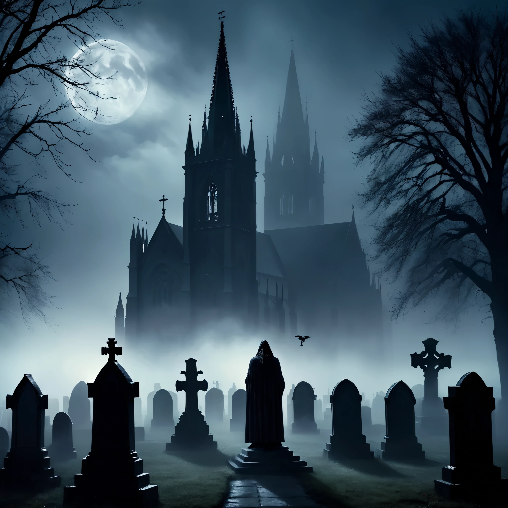 A dark, ominous Gothic cathedral looming over a foggy graveyard, with eerie shadows and haunting figures lurking in the background, capturing the essence of classic horror novels like Dracula and Frankenstein.