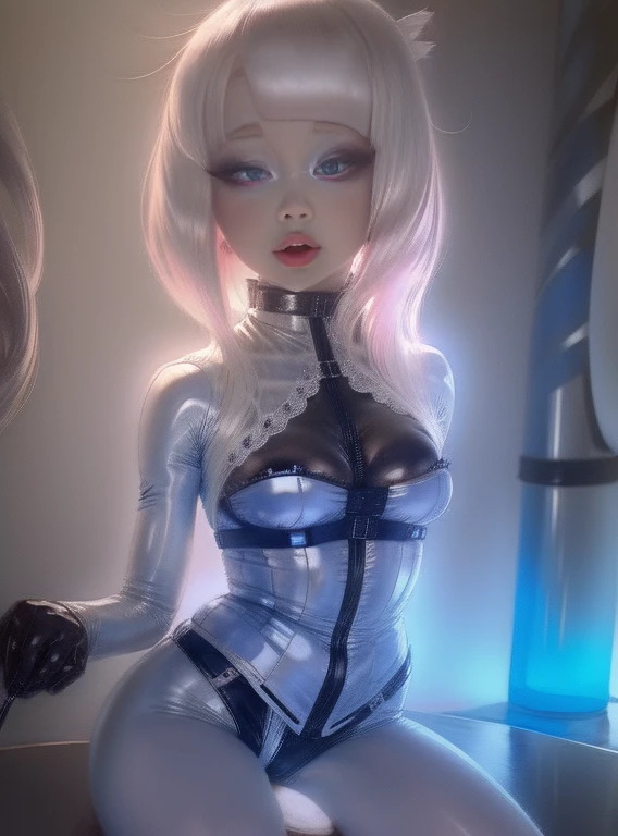 Anime girl with white hair and expressive blue eyes, Abundant breasts and sensual curves, Young realistic anime girl, Realistic anime art style, Anime style,,8K, Attractive