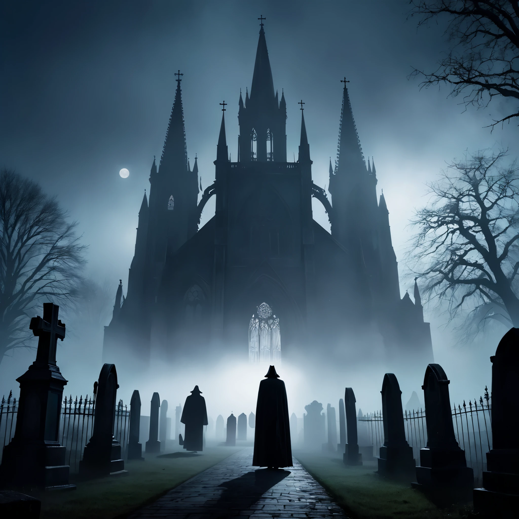 A dark, ominous Gothic cathedral looming over a foggy graveyard, with eerie shadows and haunting figures lurking in the background, capturing the essence of classic horror novels like Dracula and Frankenstein.