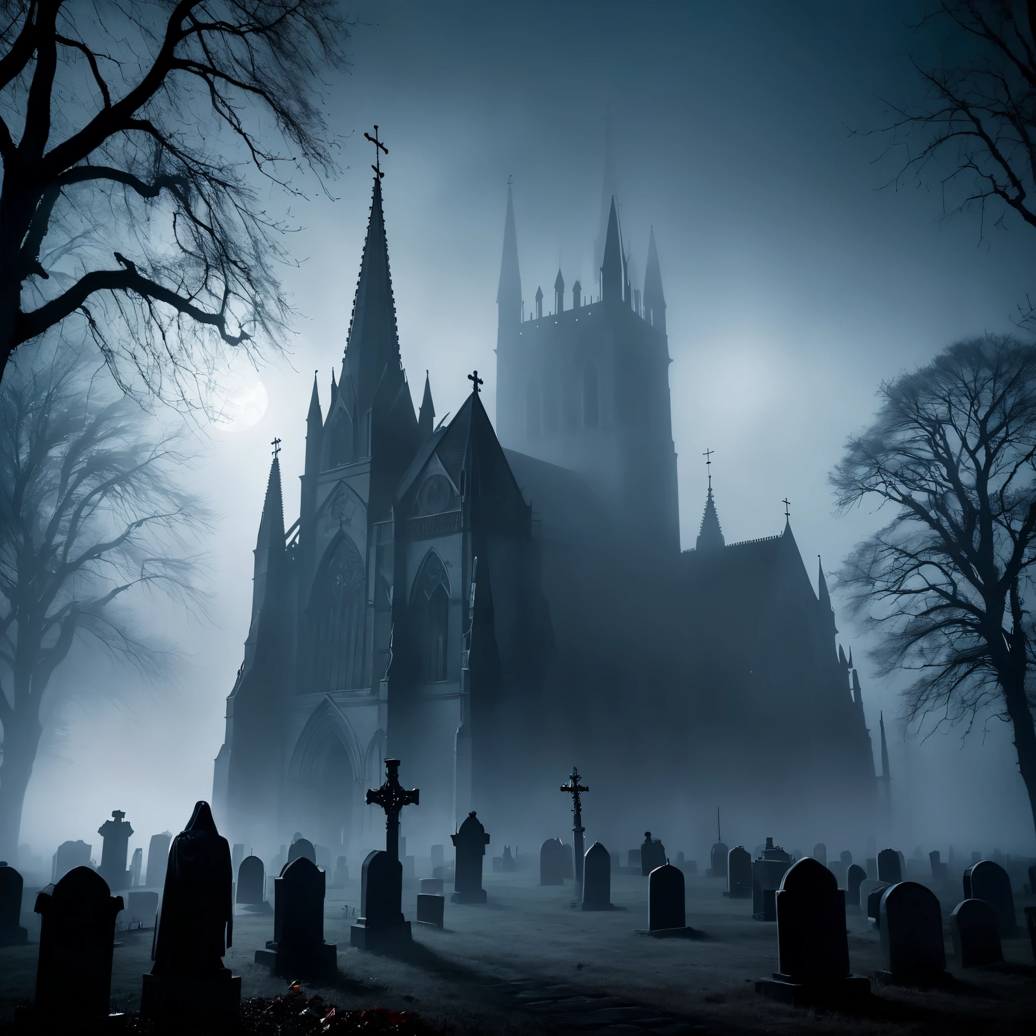 A dark, ominous Gothic cathedral looming over a foggy graveyard, with eerie shadows and haunting figures lurking in the background, capturing the essence of classic horror novels like Dracula and Frankenstein.