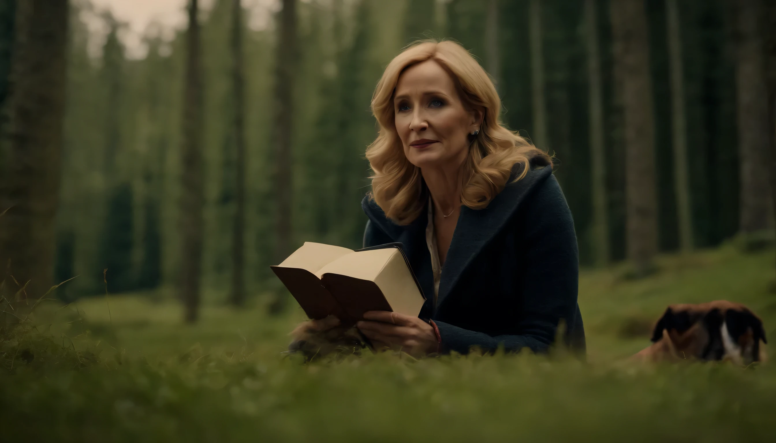 J. K. Rowling in nature, vast ground, writing Harry Potter