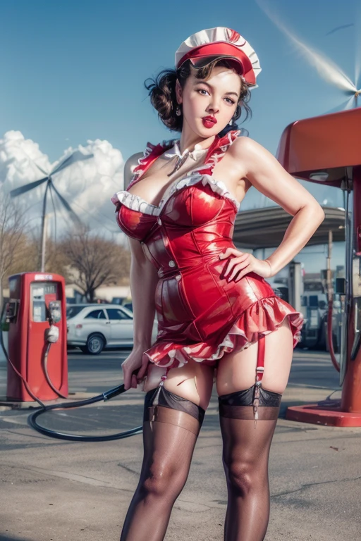 (((Vintage PinUp Girl standing at the gas station trying to fill up a hot rod, wind is blowing up the Lapel Dress), knees pressed together, visible nylons and garter belts, embarrassed face, astonished face, frightened face: 1.5))), (1Gas station attendant tries to help: 1.3), Long curly sopper hair, big eyes, long eyelashes, amazed face, very ????, high heels sandals, tight waist, silky skin, doll like face, shiny red lippstick, shiny red fingernails, (tries to help, (windy hair: 1.2), Ruffles, frilly Panties, Insert the tap into the tank nozzle, Gas station attendant cap
