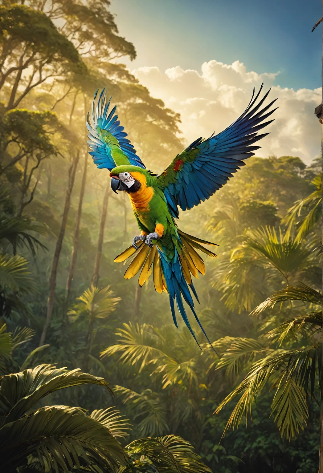 A photography full body shot of beutiful colour parrot. Spread wings. On the man shoulder. Capture the details of expensive brush strokes. dynamic composition, dramatic lighting to create a cinematic forest and blue sky atmosphere.. National geographic quality images