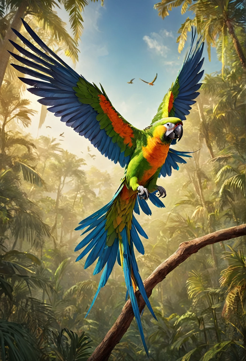 A photography full body shot of beutiful colour parrot. Spread wings. On the man shoulder. Capture the details of expensive brush strokes. dynamic composition, dramatic lighting to create a cinematic forest and blue sky atmosphere.. National geographic quality images