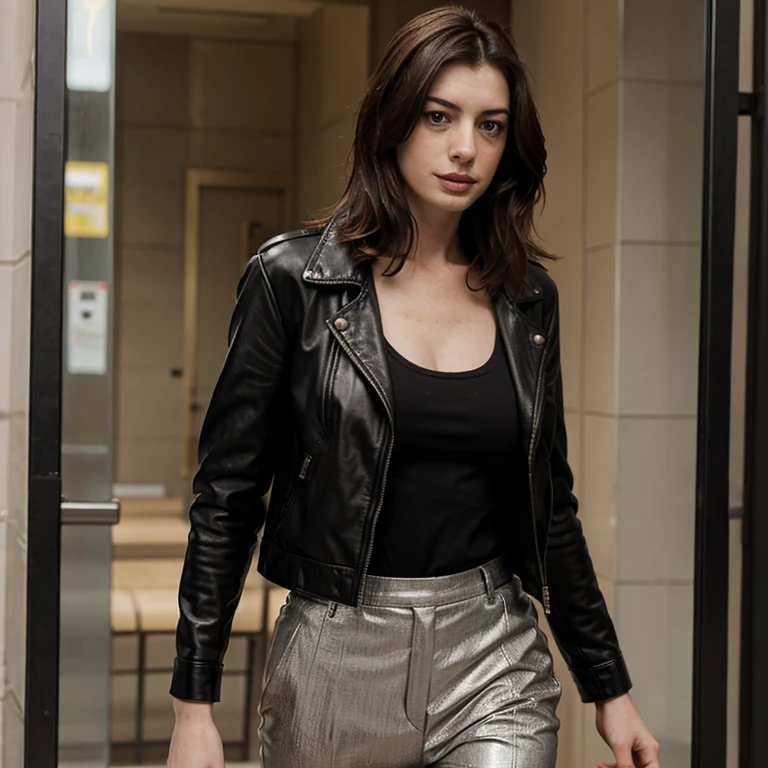 Anne Hathaway dressed in leather jacket and pants