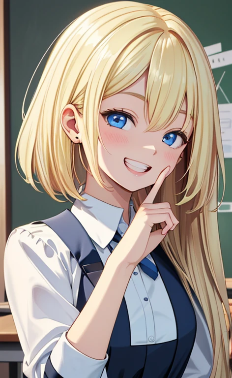 (realistic：1.4、​masterpiece、top-quality、8k size wallpaper、offcial art)、(portrait,upper body:1.6)、(1girl),(grin,Open mouth:1.3),(half closed eyes),cute face,blue eyes、(stretch your index finger in front of your face:1.5)、
,(stand),(Shining smile),(round face:1.3),
,(slender),(school uniform),(long fluorescence blonde hair1.3), (small breasts)、
、fluorescence、classroom,JK、