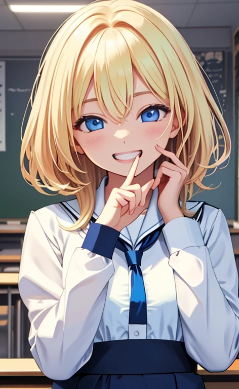 (realistic：1.4、​masterpiece、top-quality、8k size wallpaper、offcial art)、(portrait,upper body:1.6)、(1girl),(grin,Open mouth:1.3),(half closed eyes),cute face,blue eyes、(stretch your index finger in front of your face:1.5)、
,(stand),(Shining smile),(round face:1.3),
,(slender),(school uniform),(long fluorescence blonde hair1.3), (small breasts)、
、fluorescence、classroom,JK、