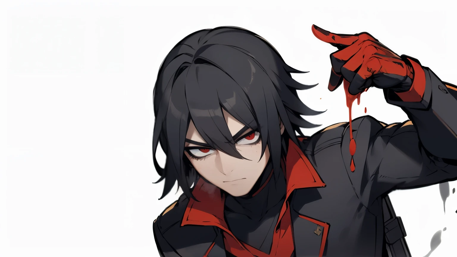 ,man towards the camera, removing a black mask with him bla hair and red eyes, dressed in a black ninja costume with blood stains, holding a gun