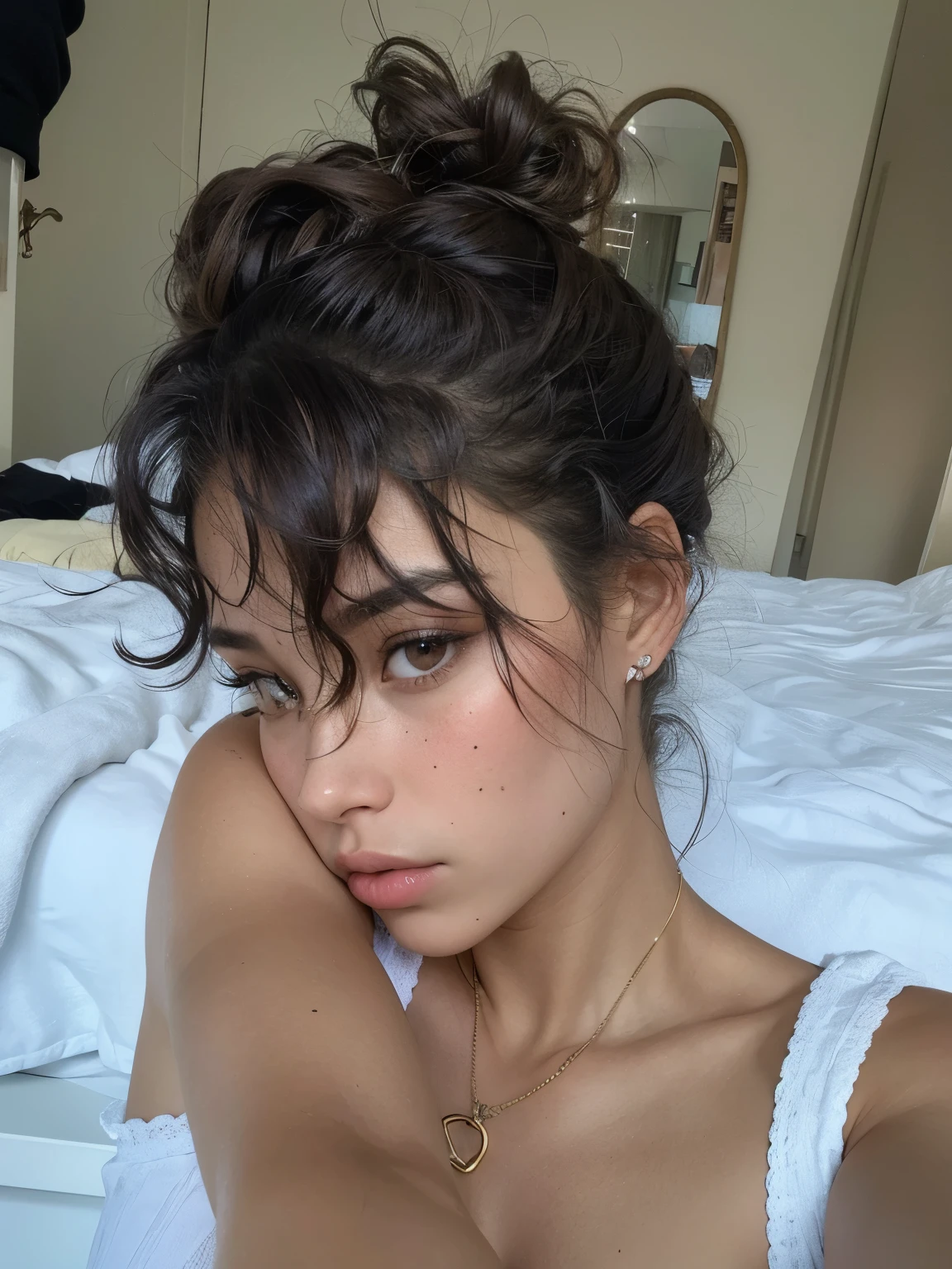 There is a woman who is lying on a bed, Retrato de Sophie Mudd, flequillo rizado, cabecera de pelo desordenado, flequillo esponjoso, flequillo rizado and ponytail, Girl with messy bun hairstyle, cabello ondulado sin maquillaje, flequillo desordenado, sin maquillaje, zoe kravitz, pelo rizado desordenado, peinado desordenado, selfie de una mujer joven, flequillo de cortina