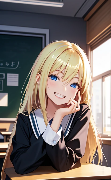 (realistic：1.4、​masterpiece、top-quality、8k size wallpaper、offcial art)、(portrait,upper body:1.6)、(1girl),(grin,Open mouth:1.3),(half closed eyes),cute face,blue eyes、(stretch your index finger in front of your face:1.5)、
,(stand),(Shining smile),(round face:1.3),
,(slender),(school uniform),(long fluorescence blonde hair1.3), (small breasts)、
、fluorescence、classroom,JK、