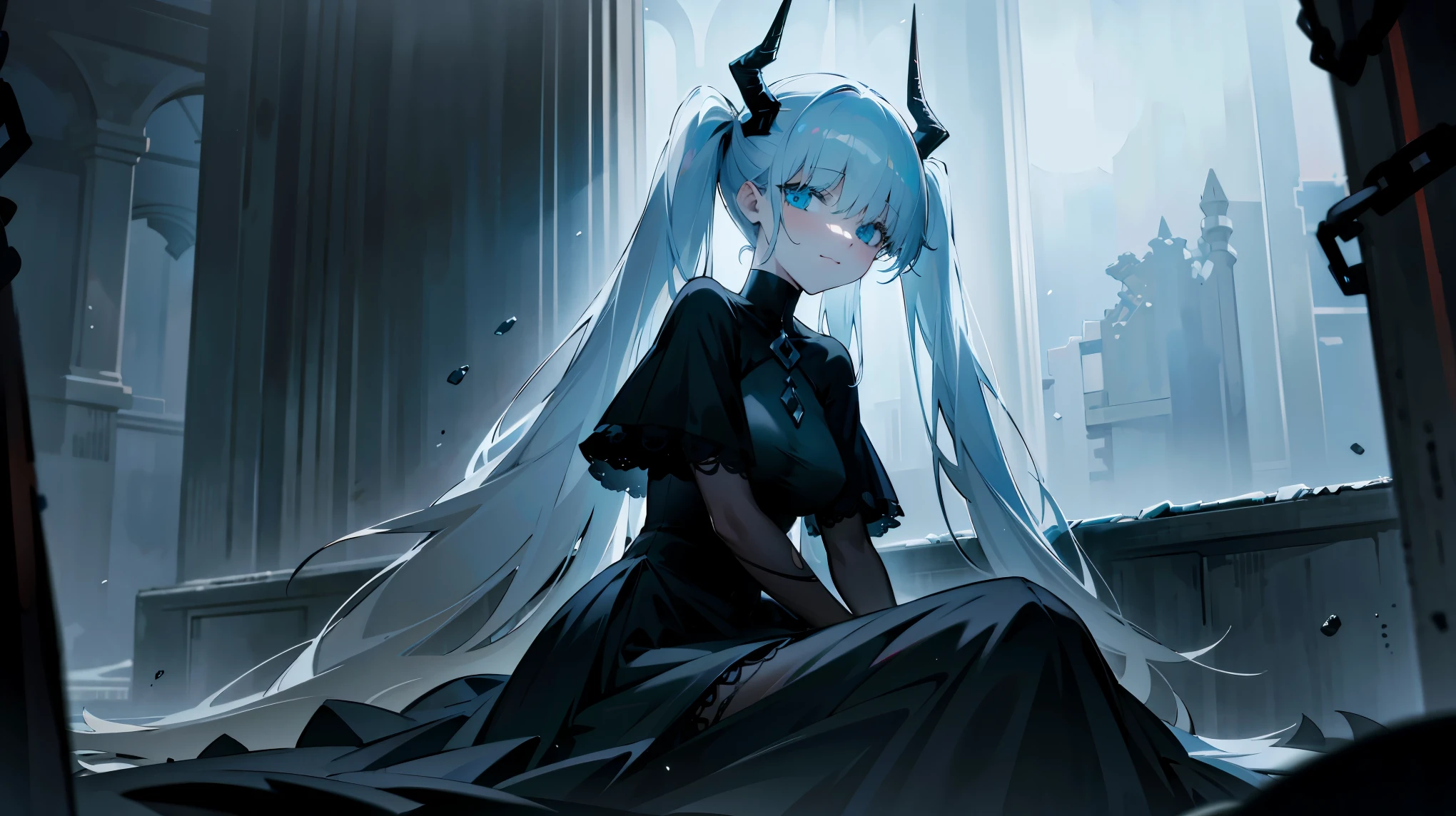 (best quality,highres,masterpiece:1.2),(flatten art:0.75), masterpiece, best quality, 1woman, Anime, darker environment, long twintail hair, black horn, straight white hair, black goth gown, enticing, night, dark, dark fantasy ruin hall, looking at viewer, solo, faint moonlight, sad smile, close-up, sitting, seducing the viewer, chains