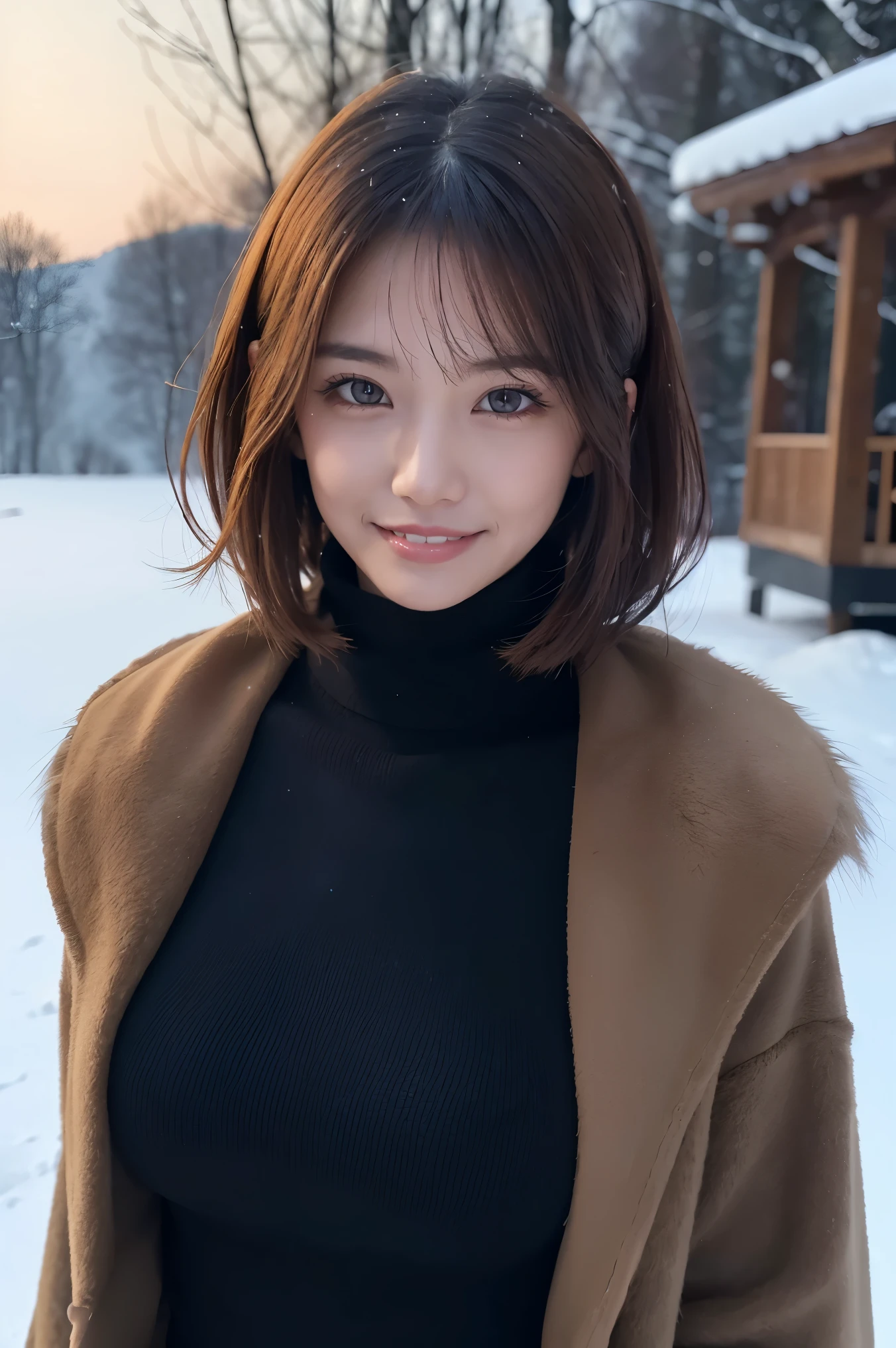 (table top、highest quality、8K、Award-winning work、ultra high resolution)、one beautiful woman、(Wear a thick, large fur coat and a turtleneck knit elegantly:1.3)、that&#39;s right、brown hair、(short hair:1.1)、epic movie lighting、(Romantic affection:1.1)、(The most romantic and moody atmosphere:1.1)、winter、snow scene、It&#39;s snowing、(Walking in the snow in Norway:1.1)、look at me、(very big breasts:1.2)、(Emphasize body line:1.1)、blurred background、accurate anatomy、Ultra HD Hair、ultra high resolutionの完璧な美しい歯、Ultra high definition beauty face、Ultra HD Hair、Ultra-high definition sparkling eyes、輝くultra high resolutionの美肌、ultra high resolutionの艶やかな唇、(close up of face:1.1)