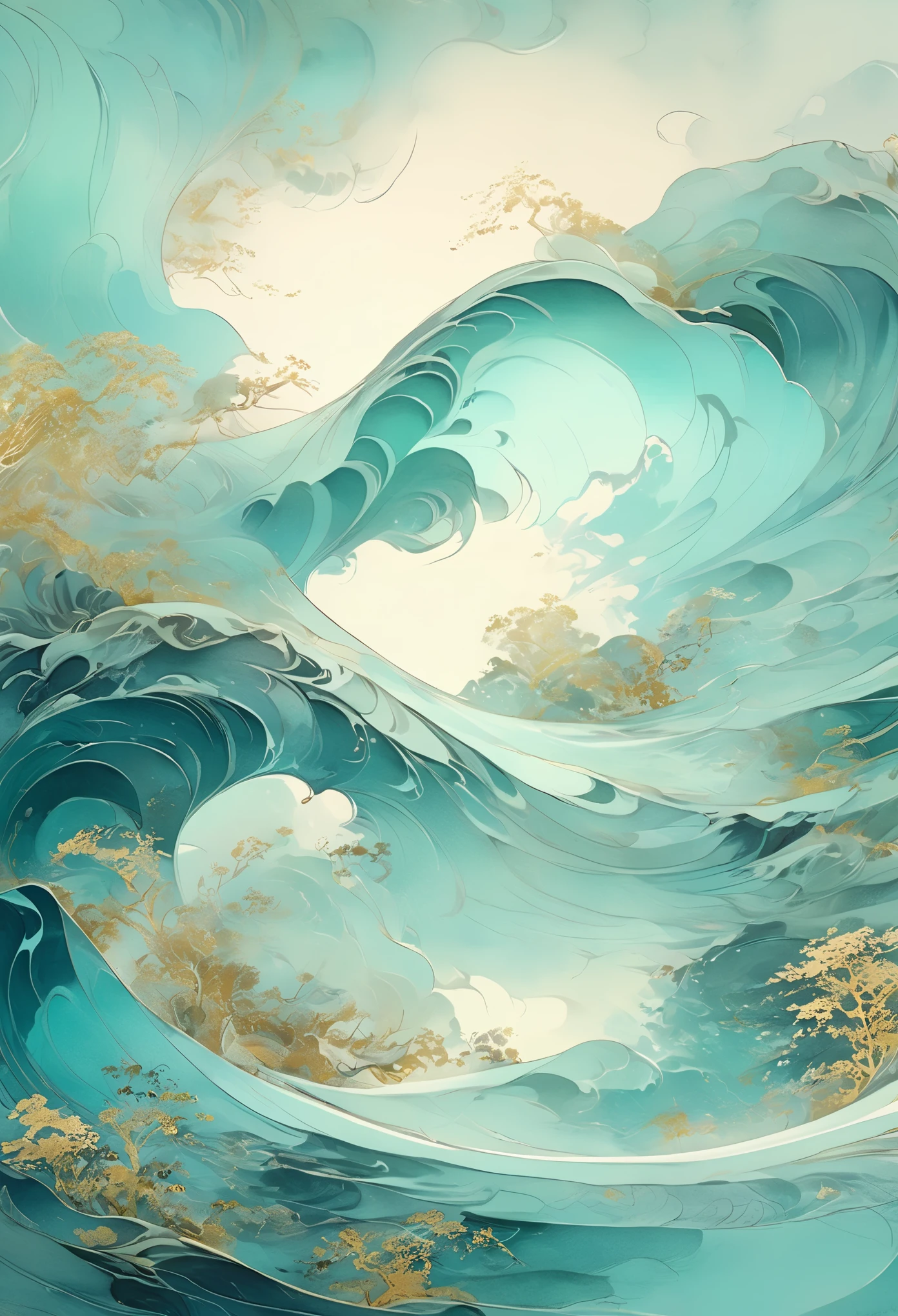 chinese painting nature illustration,  in the style of ethereal dreamscapes,  gold and aquamarine,  layered imagery with subtle irony,  historical illustrations,  futuristic chromatic waves,  light teal and white,  precise,  detailed paintings 