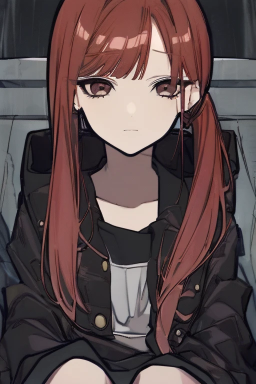 (1girl), young girl, masterpiece, high quality, red hair, bangs, ((brown eyes)), (ponytail), (long hair), (straight hair), (large scar across the left eye), ((sitting in a wheelchair)), ((a wheelchair)), (in a cemetery), dark, ((raining)), wearing a black rain coat, ((detail face)), (very detail face)), (expressionless mouth), (neatly gathered legs), (two legs), (Tsundere)