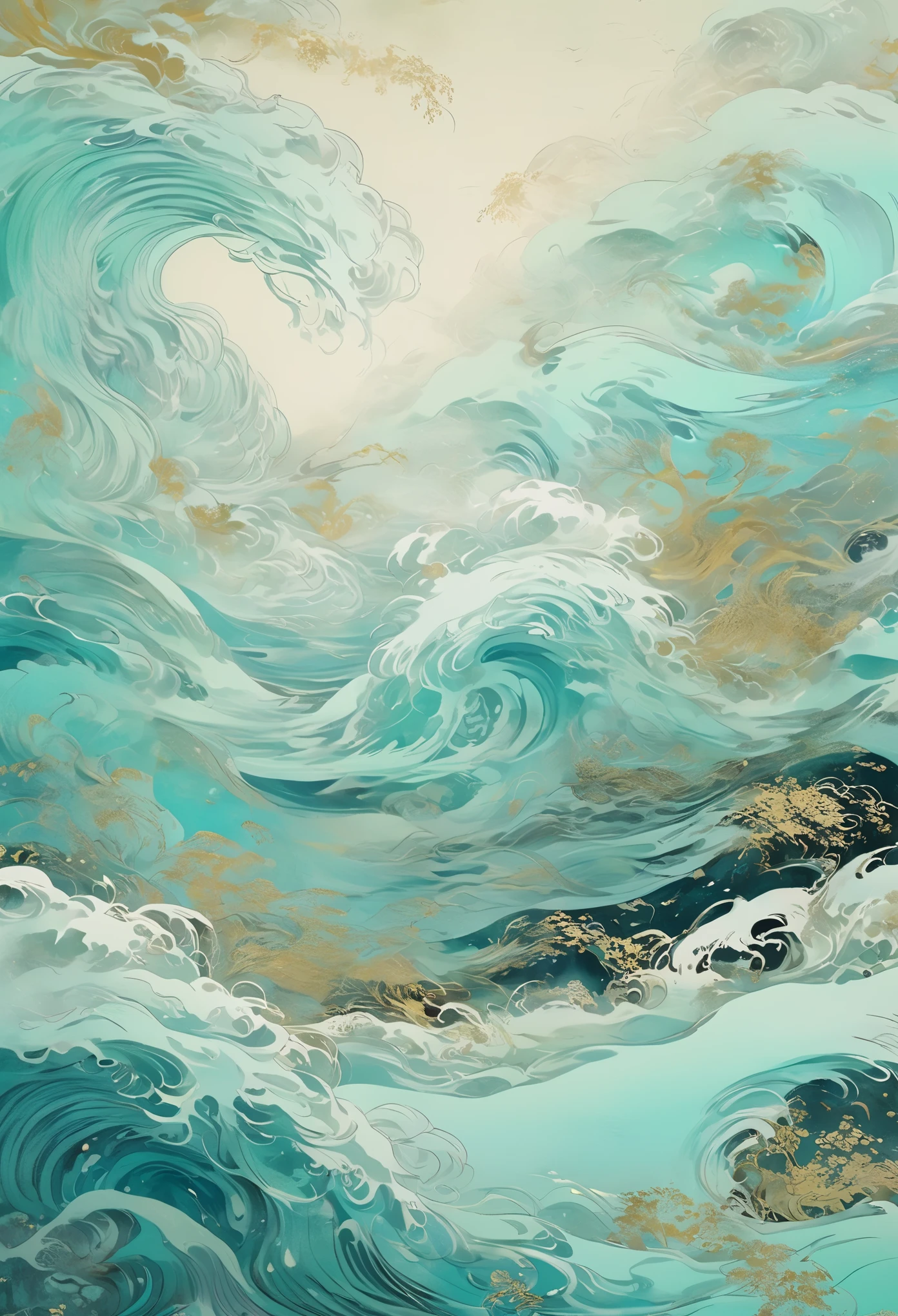 chinese painting nature illustration, in the style of ethereal dreamscapes, gold and aquamarine, layered imagery with subtle irony, historical illustrations, futuristic chromatic waves, light teal and white, precise, detailed paintings