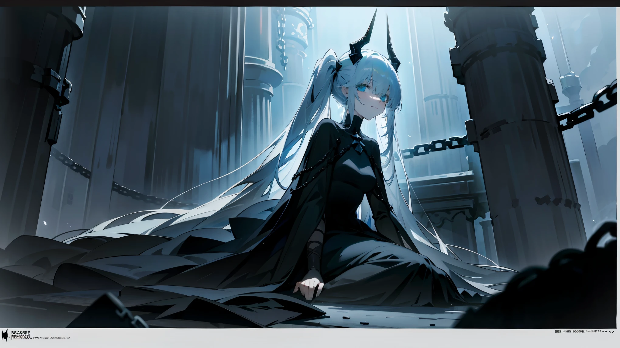 (best quality,highres,masterpiece:1.2),(flatten art:0.75), masterpiece, best quality, 1woman, Anime, darker environment, long twintail hair, black horn, straight white hair, black goth gown, enticing, night, dark, dark fantasy ruin hall, looking at viewer, solo, faint moonlight, sad smile, close-up, sitting, seducing the viewer, chains